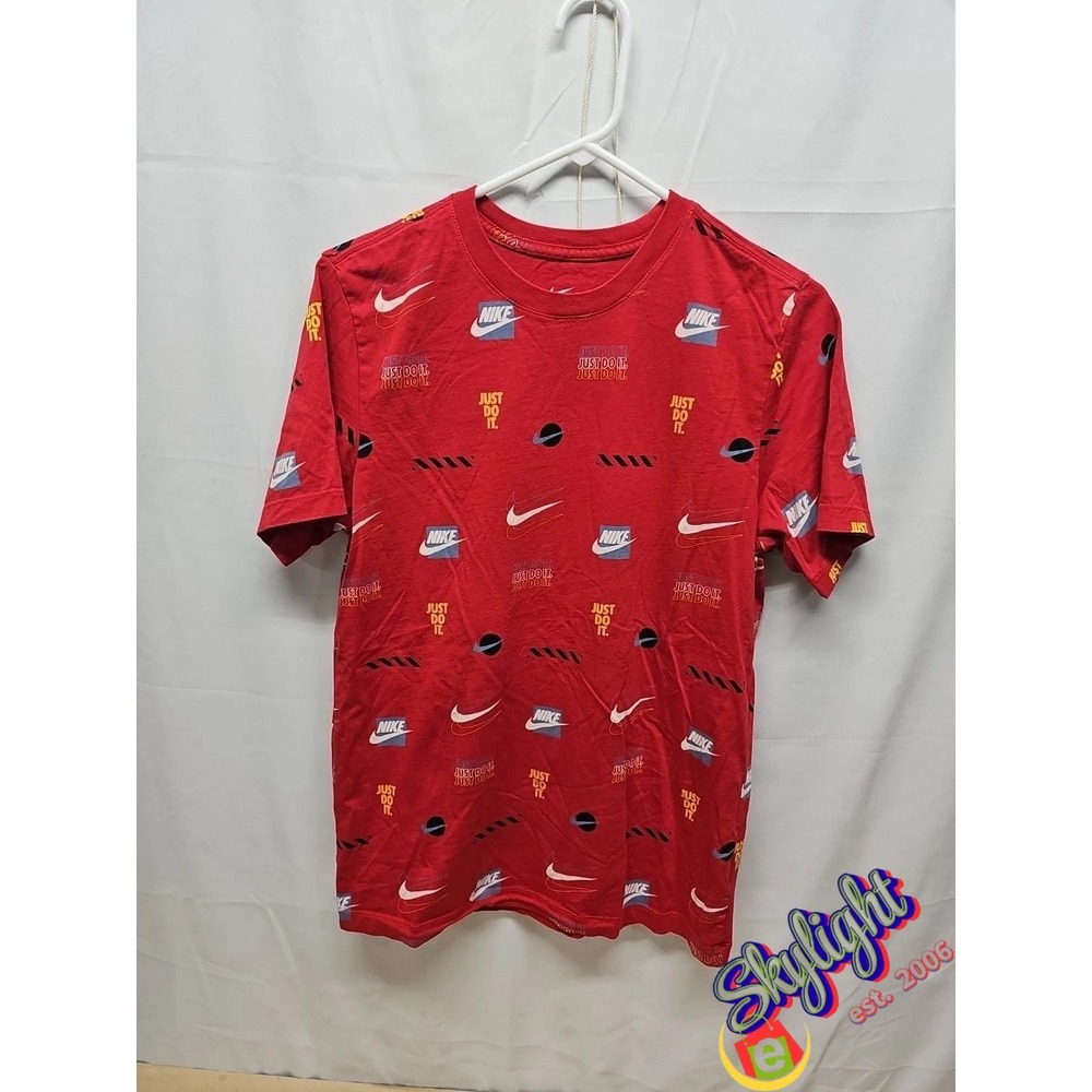 Nike Men's Red Just Do It Aop Short Sleeve T-Shirt Swoosh Crew Neck Size Small